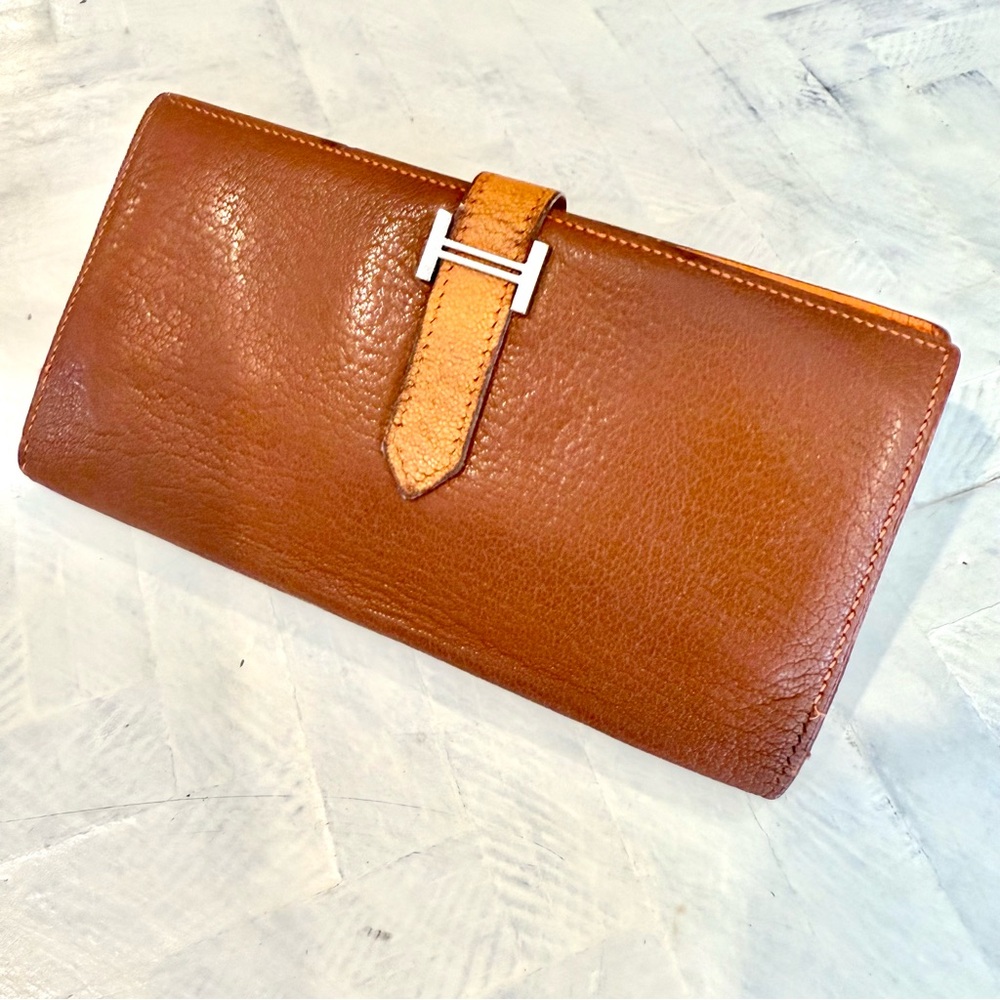 Hermès Hermes Long Wallet in Bi-Color Brown and Orange Chevre Mysore Leather